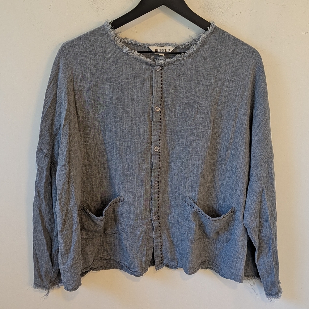 Buykud Women's Blue Grey Linen Raw Hem Button Up Lagenlook Blouse Pocket XL